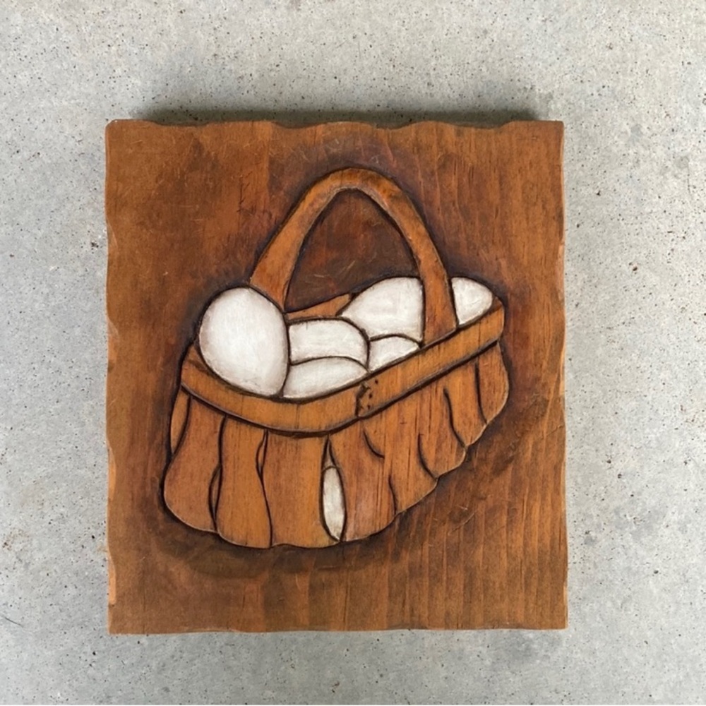 Unique Vintage Wood Carving Wall Hanging, Eggs in a Basket, 6.5 x 7.25”